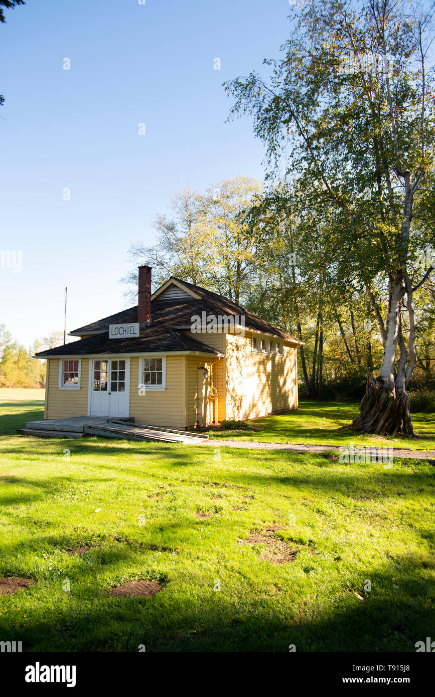 Costruito nel 1924, storica Scuola Lochiel presso Campbell Valley Regional Park. Langley, BC, Canada. Foto Stock