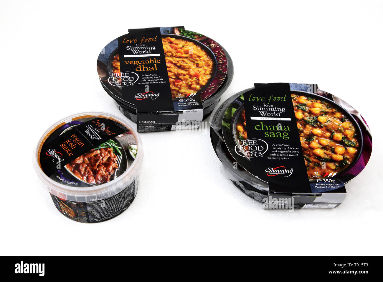Mondo dimagrante Vegan Curry - vegetale Dhal, Chana Saag e rogan josh Sauce Foto Stock