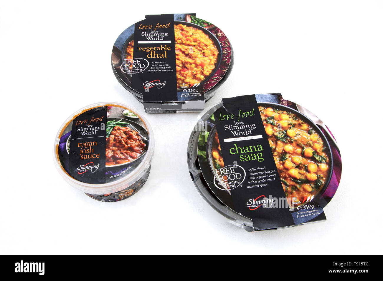 Mondo dimagrante Vegan Curry - vegetale Dhal, Chana Saag e rogan josh Sauce Foto Stock