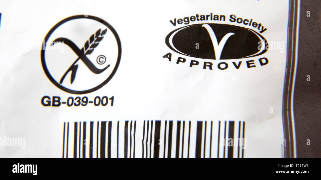 Close up senza glutine e Società Vegetariana approvato di simboli su Quorn tritate Foto Stock
