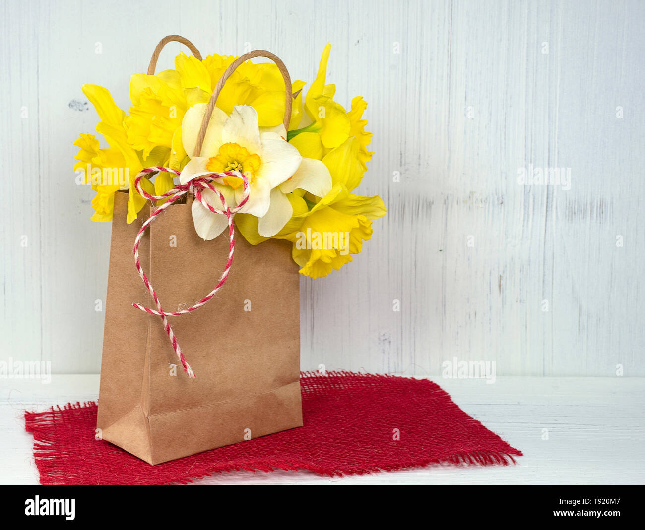 Giallo daffodil bouquet generici in sacchetto di carta sulla tela rossa e legno dipinto di bianco Foto Stock