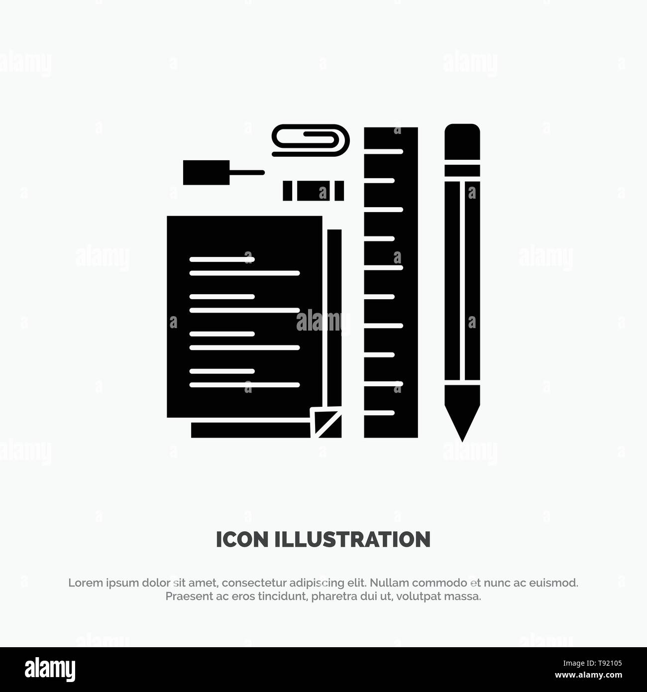 Fermo, matita, penna, Notepad Pin glifo solido vettore icona Illustrazione Vettoriale