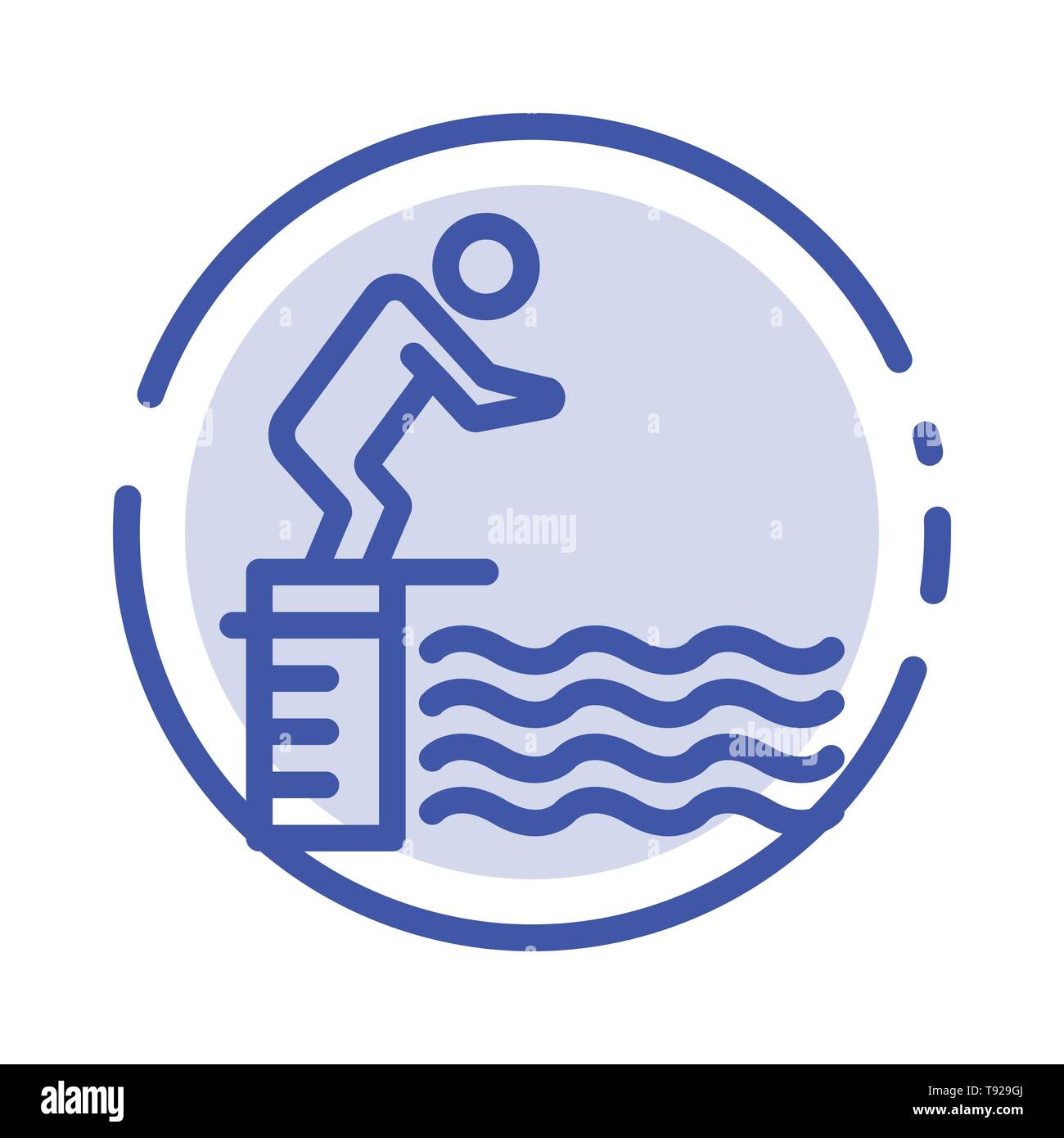 Immersioni subacquee, Jump, piattaforma, piscina, sport blu linea punteggiata Icona Linea Illustrazione Vettoriale