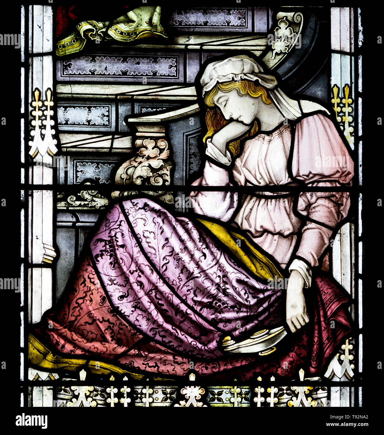 La parabola del saggio e delle vergini stolte vetro macchiato dettaglio, Santa Maria Maddalena la Chiesa, Tanworth in Arden, Warwickshire, Inghilterra, Regno Unito Foto Stock La parabola del saggio e delle vergini stolte vetro macchiato dettaglio, Santa Maria Maddalena la Chiesa, Tanworth in Arden, Warwickshire, Inghilterra, Regno Unito Foto Stock