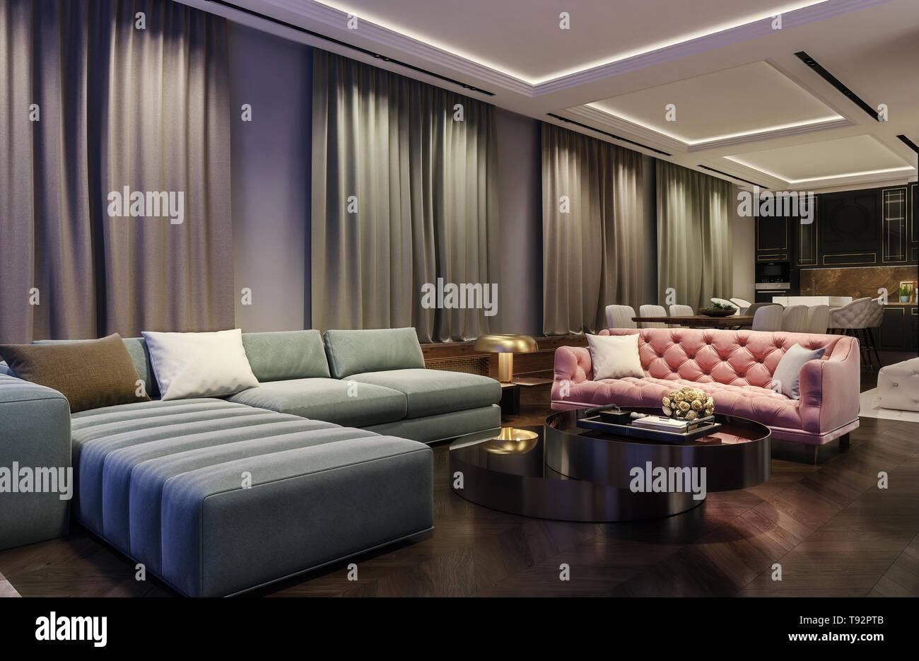 Interni dal design moderno di soggiorno, scena notturna con colori contrastanti, millenaria lettino rosa con complementari verde blu divano, cucina in retro Foto Stock