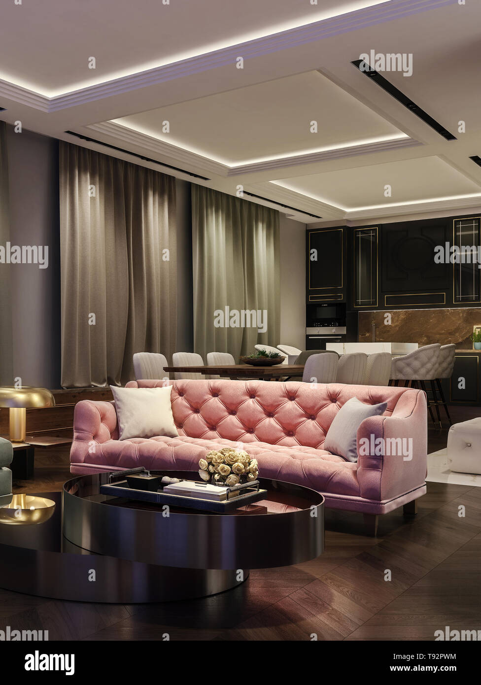 Interni dal design moderno di soggiorno, scena notturna con colori contrastanti, millenaria lettino rosa, cucina e sala da pranzo in background Foto Stock