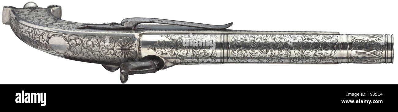 Una pistola inglese di tipo scozzese, circa 1830 canna liscia in 12 mm di  calibro con un brodo fatto da finemente inciso e ottone argentati. Ferro da  stiro serratura a percussione, inciso