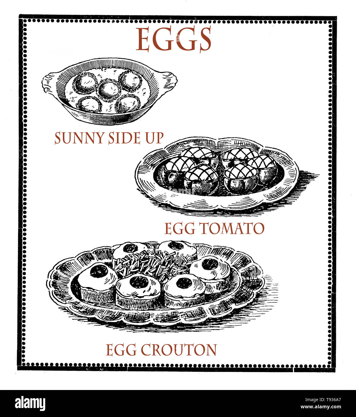La cucina del passato: bianco e nero collage vintage di incisioni che descrivono la preparazione di uova, Sunny Side, crouton uovo e pomodori ripieni con uova Foto Stock