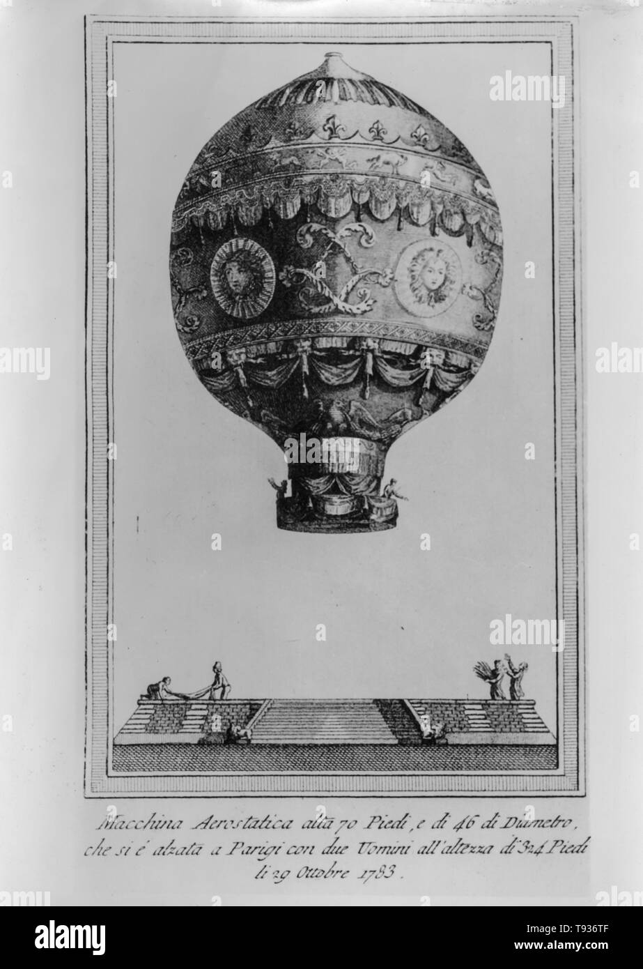 Stampa vintage con il pallone rozier, Parigi, 1783 Foto Stock