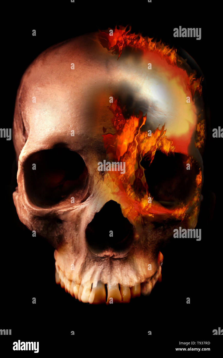 Cranio umano sul fuoco - immagine per un orrore per la copertina del libro Foto Stock
