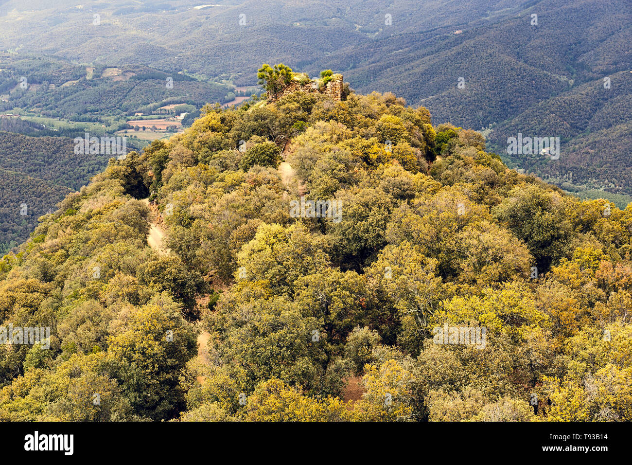 Torre medievale sulla cima di un Hil nel massiccio del Montseny, Catalonial Foto Stock