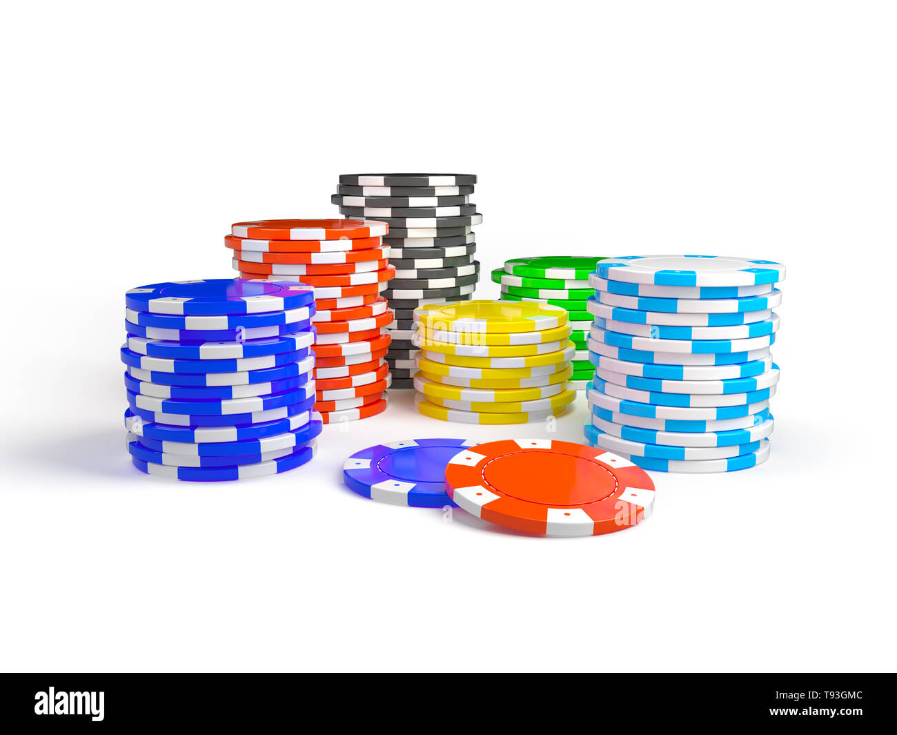 Pila di chip casino isolati su sfondo bianco Foto Stock