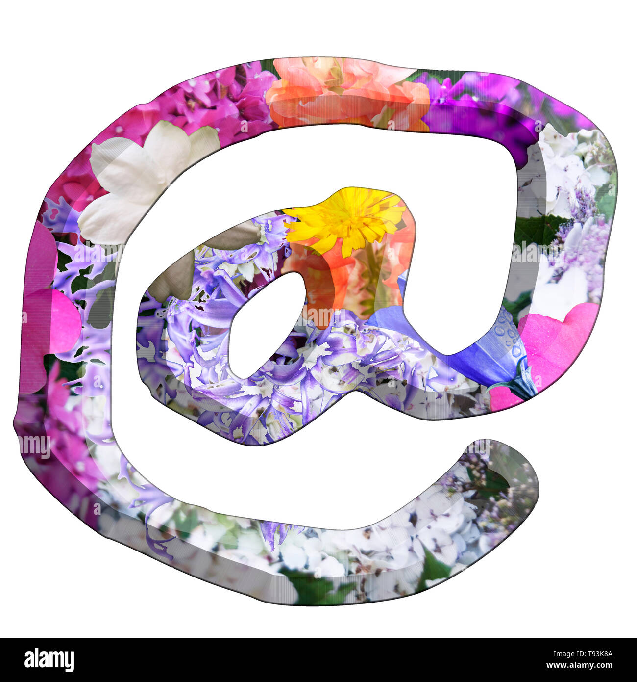 Il simbolo @ parte di un insieme di lettere, numeri e simboli di 3D alfabeto realizzato con coloratissime immagini floreali su sfondo bianco Foto Stock