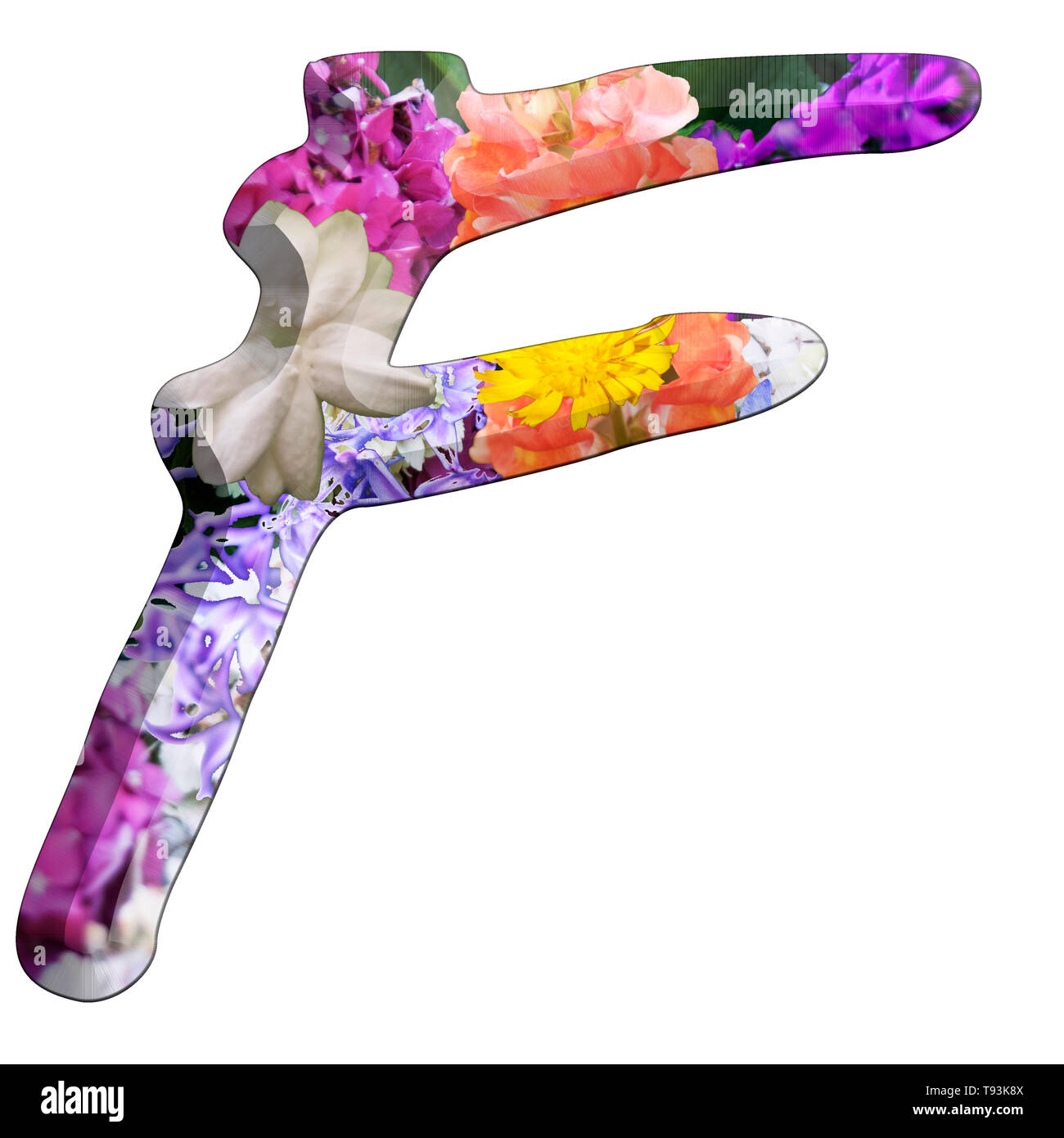 Il Campidoglio lettera F è parte di un insieme di lettere, numeri e simboli di 3D alfabeto realizzato con coloratissime immagini floreali su sfondo bianco Foto Stock