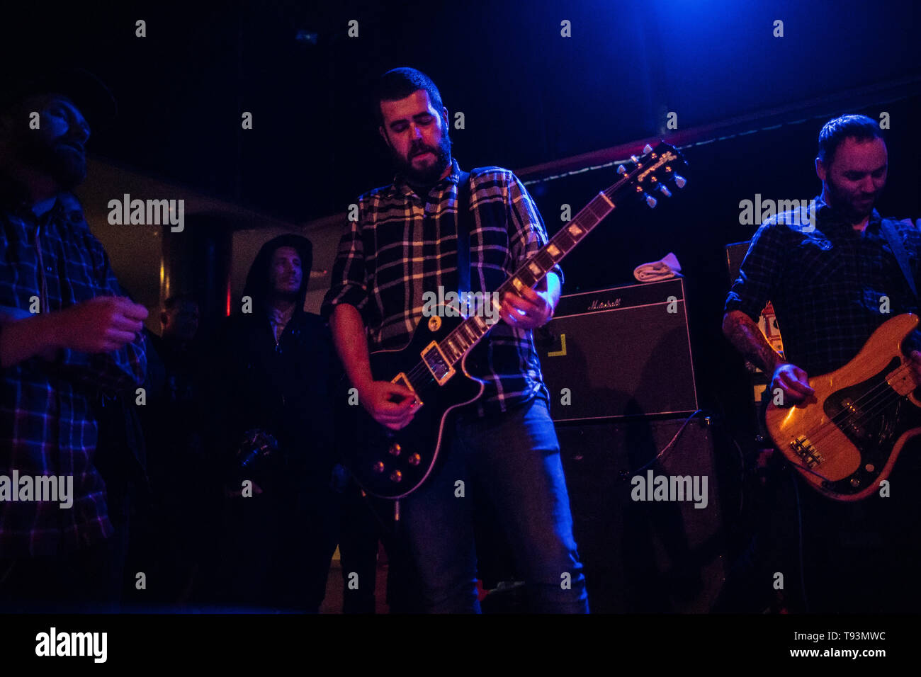 Danimarca Copenhagen - 15 maggio 2019. Il belga progressive rock band Bruto esegue un concerto dal vivo al Bar ideale di Copenaghen. Qui il chitarrista Stijn Vanhoegaerden è visto dal vivo sul palco. (Photo credit: Gonzales foto - Pietro Troest). Foto Stock