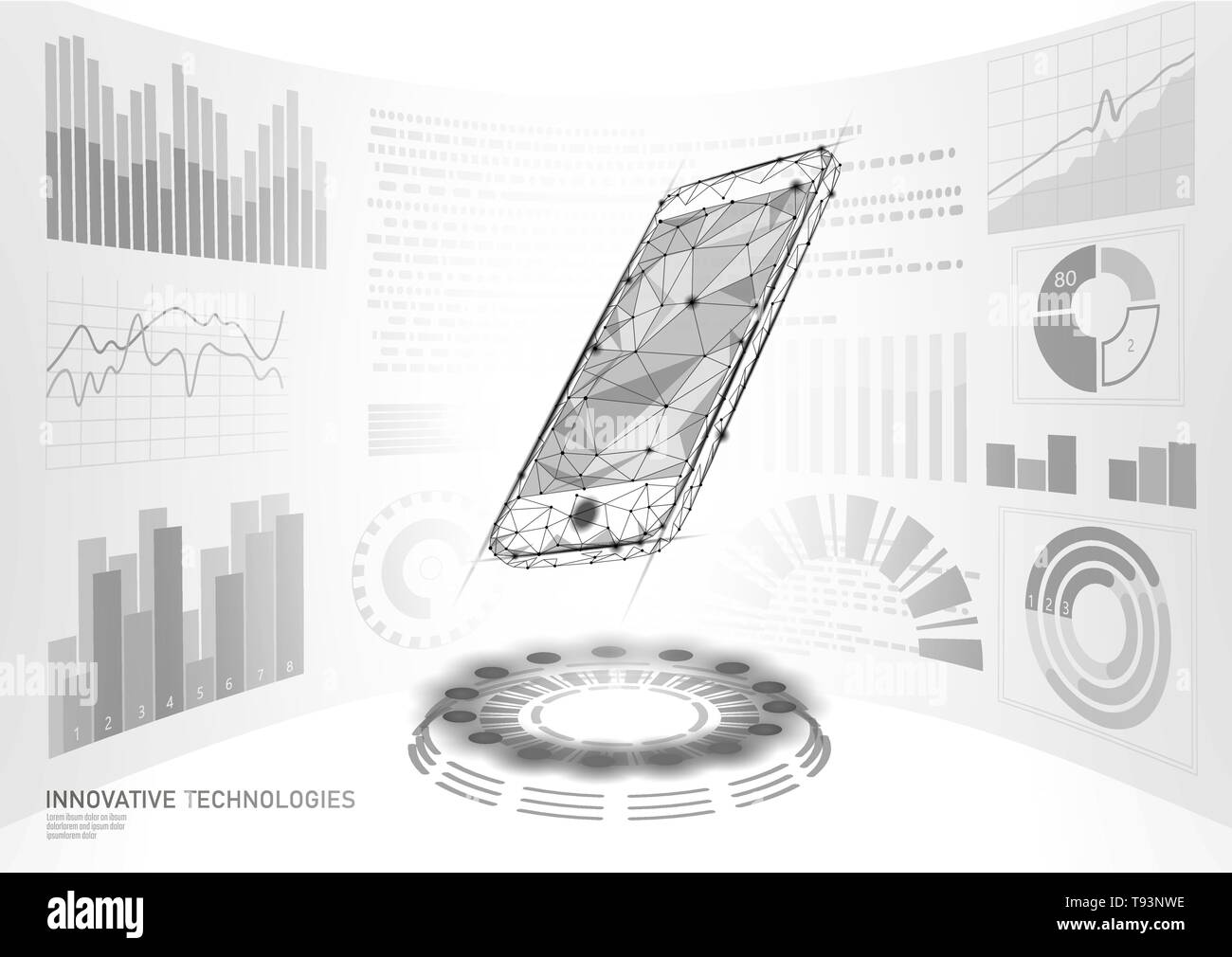 Chatbot mobile smartphone 3d la realtà virtuale. Immaginazione visiva bassa poli forme geometriche poligonali. Creative e-learning elettronico di lettura touch scr Illustrazione Vettoriale