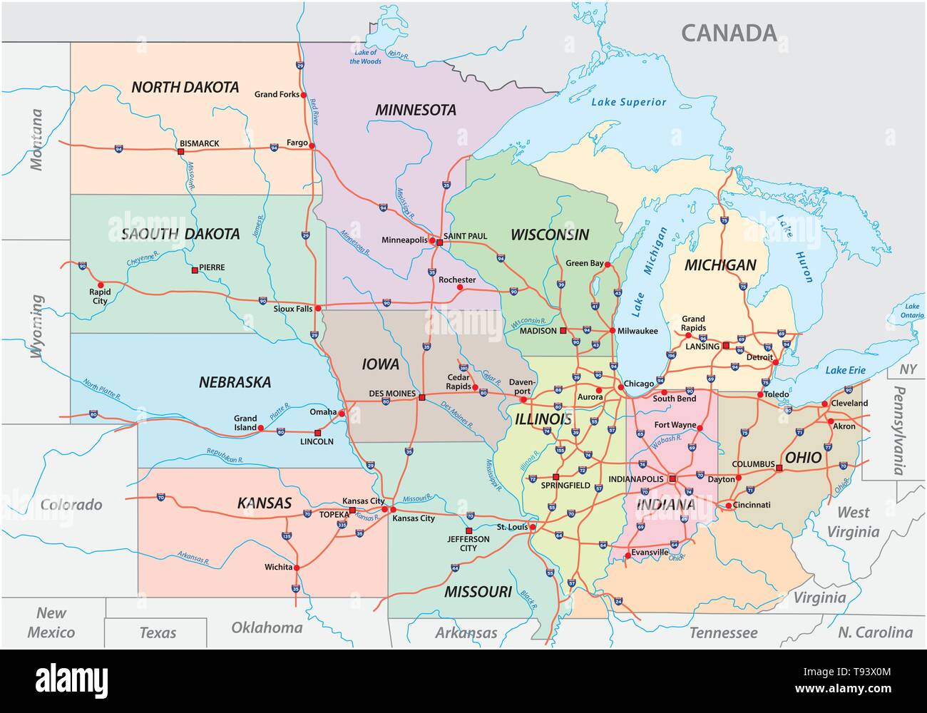 Mappa del Midwest degli Stati Uniti d'America Illustrazione Vettoriale