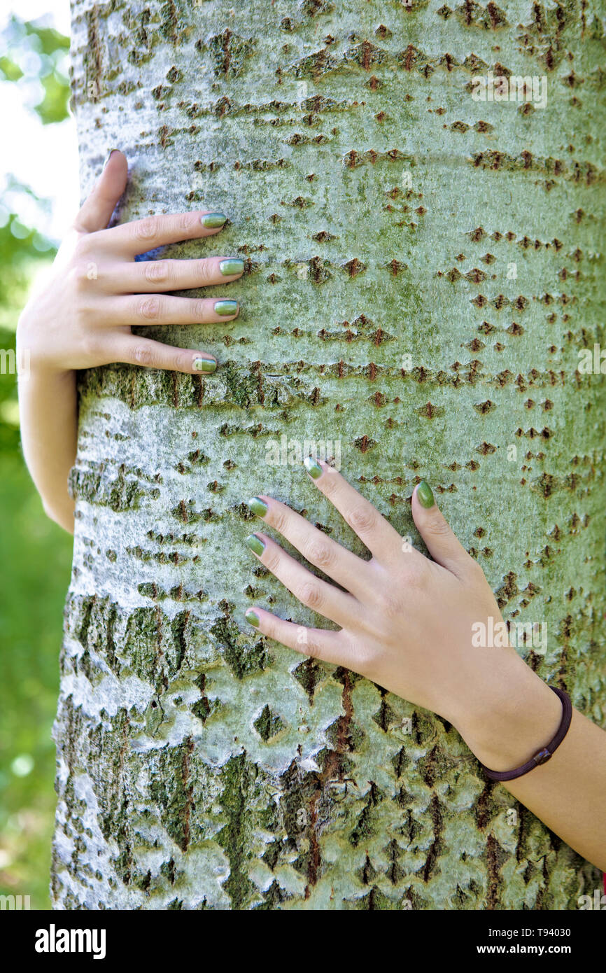 Donna che abbraccia un albero Foto Stock