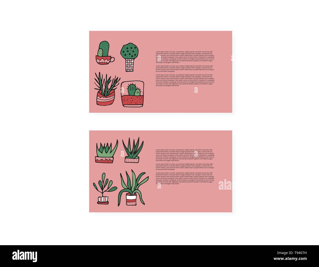 Set di schede con piante succulente in doodle stile. Impostare delle piante di casa. Poster, striscioni, biglietto di auguri, stampare elementi isolati. Vettore Illustrazione a colori. Illustrazione Vettoriale