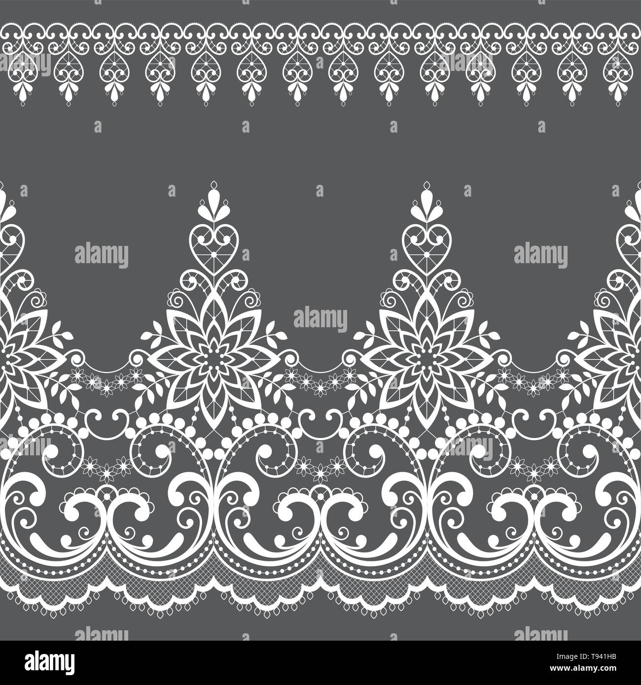 Pizzo vettore seamless pattern con fiori e volute, pizzo Retrò design confini, dettagliata decorazione floreale in bianco su sfondo grigio Illustrazione Vettoriale