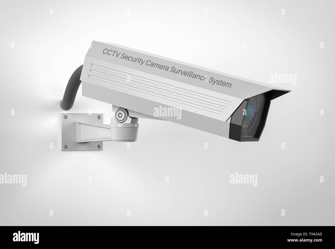 La protezione CCTV fotocamera 3D rendering illustrazione. Sul muro grigio Foto Stock