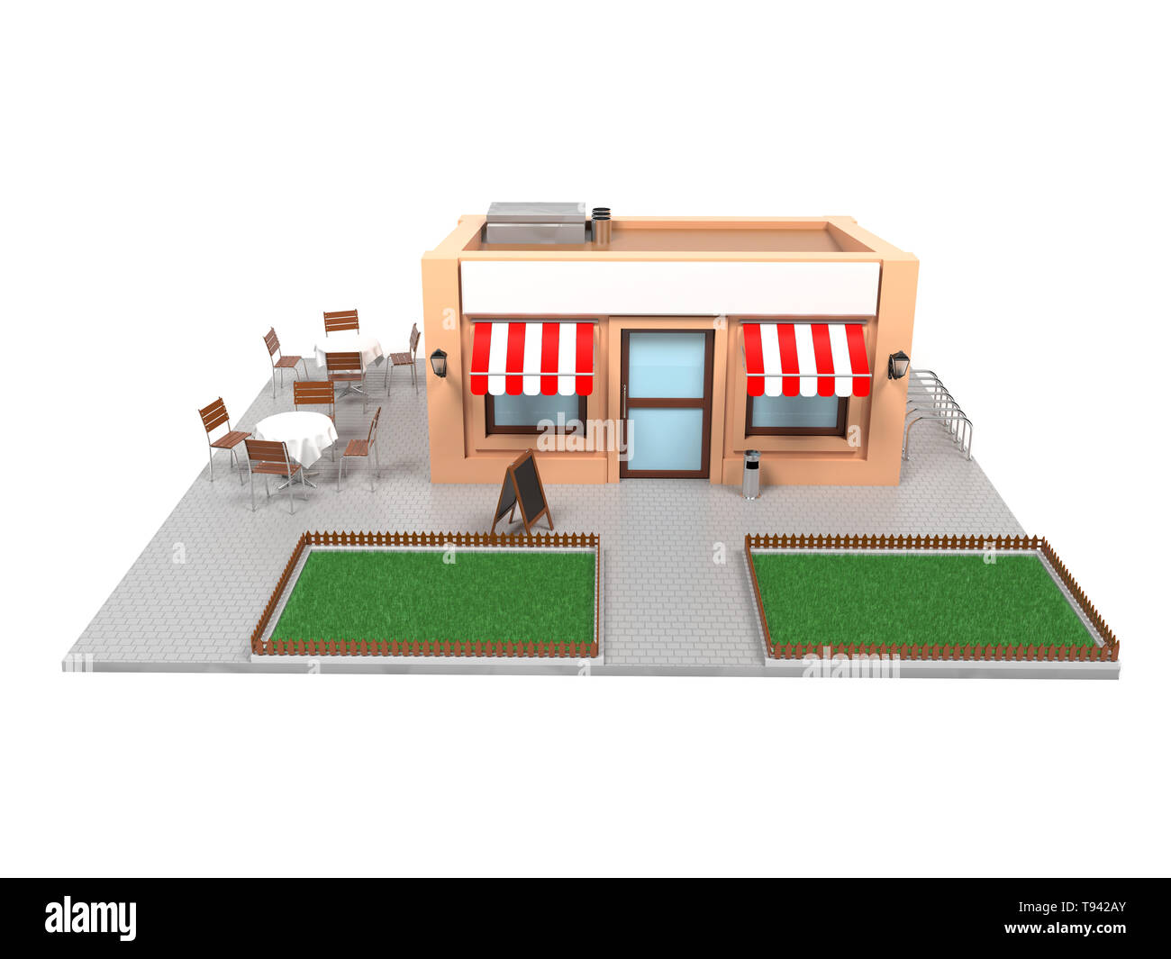 Market store completano il design esterno. Scena urbana. Il rendering 3d'illustrazione. Foto Stock