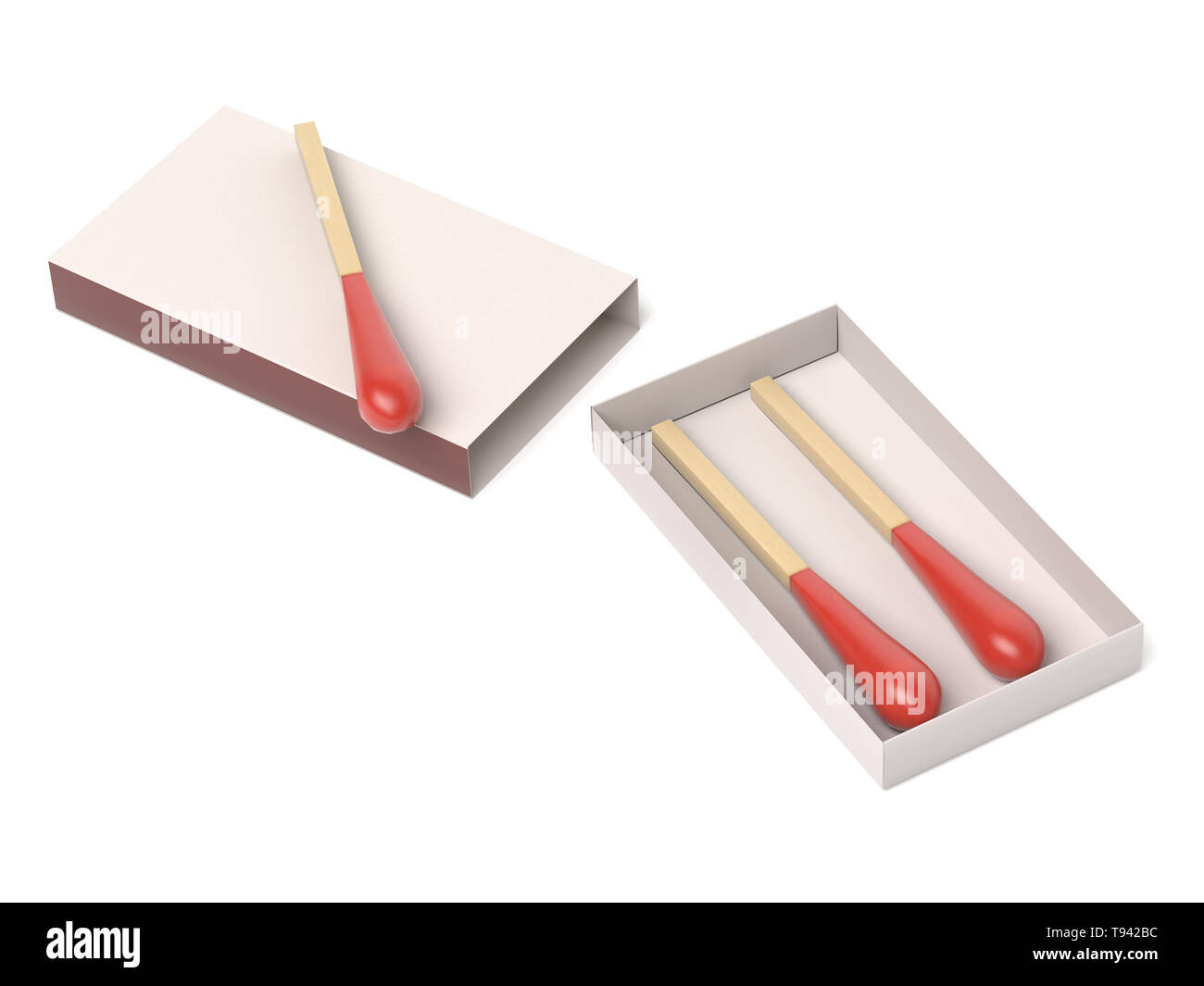 Dei fiammiferi in scatola aperta. 3D rendering immagine isolata su sfondo bianco Foto Stock