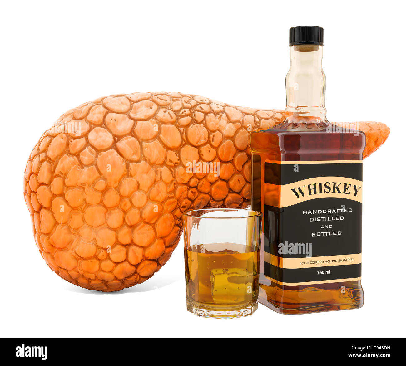 Alcol effetti sul concetto del pancreas. Pancreas umano con alcool bere. 3D rendering isolati su sfondo bianco Foto Stock