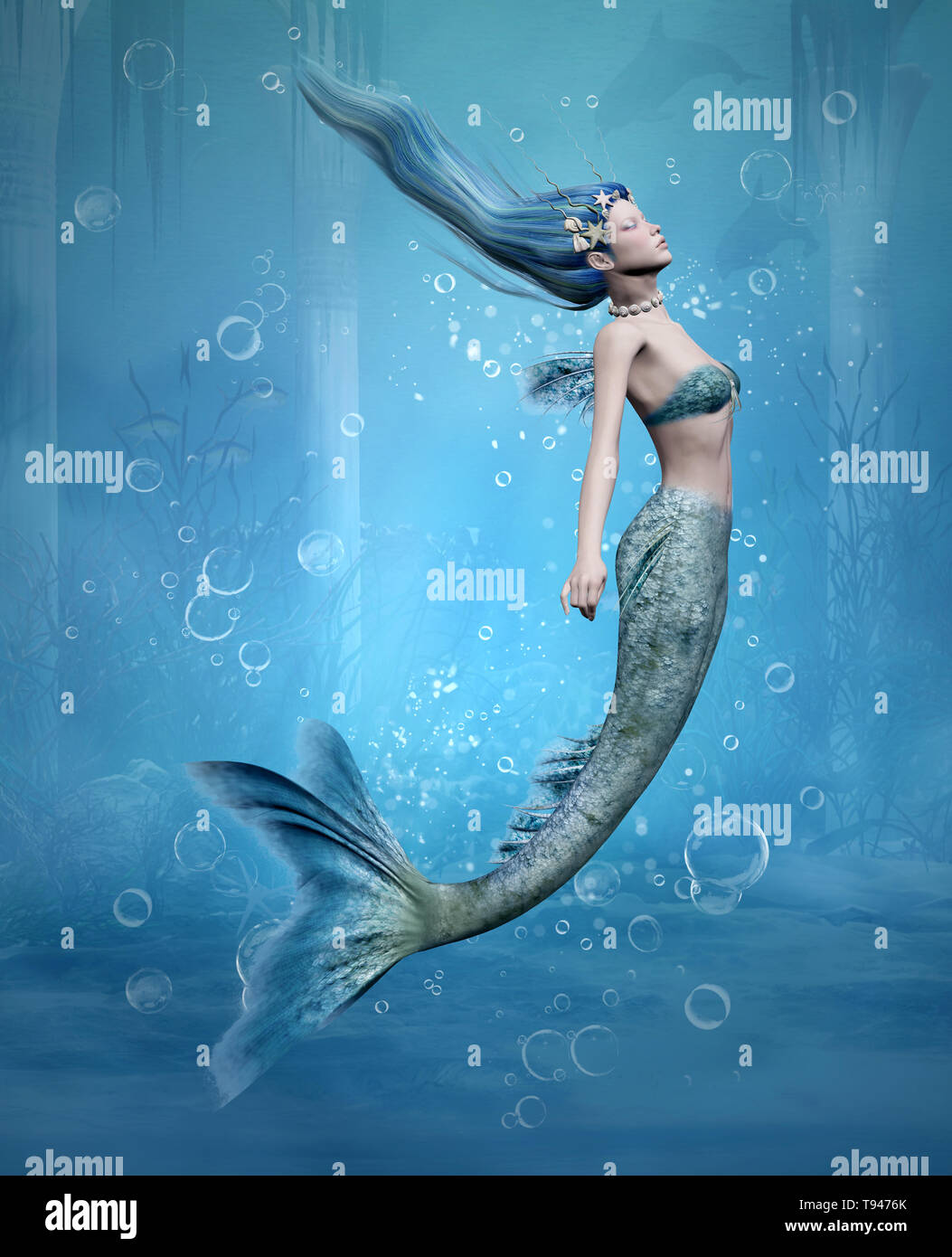 Giovani mermaid diving in un antico tempio sommerso scenario Foto Stock