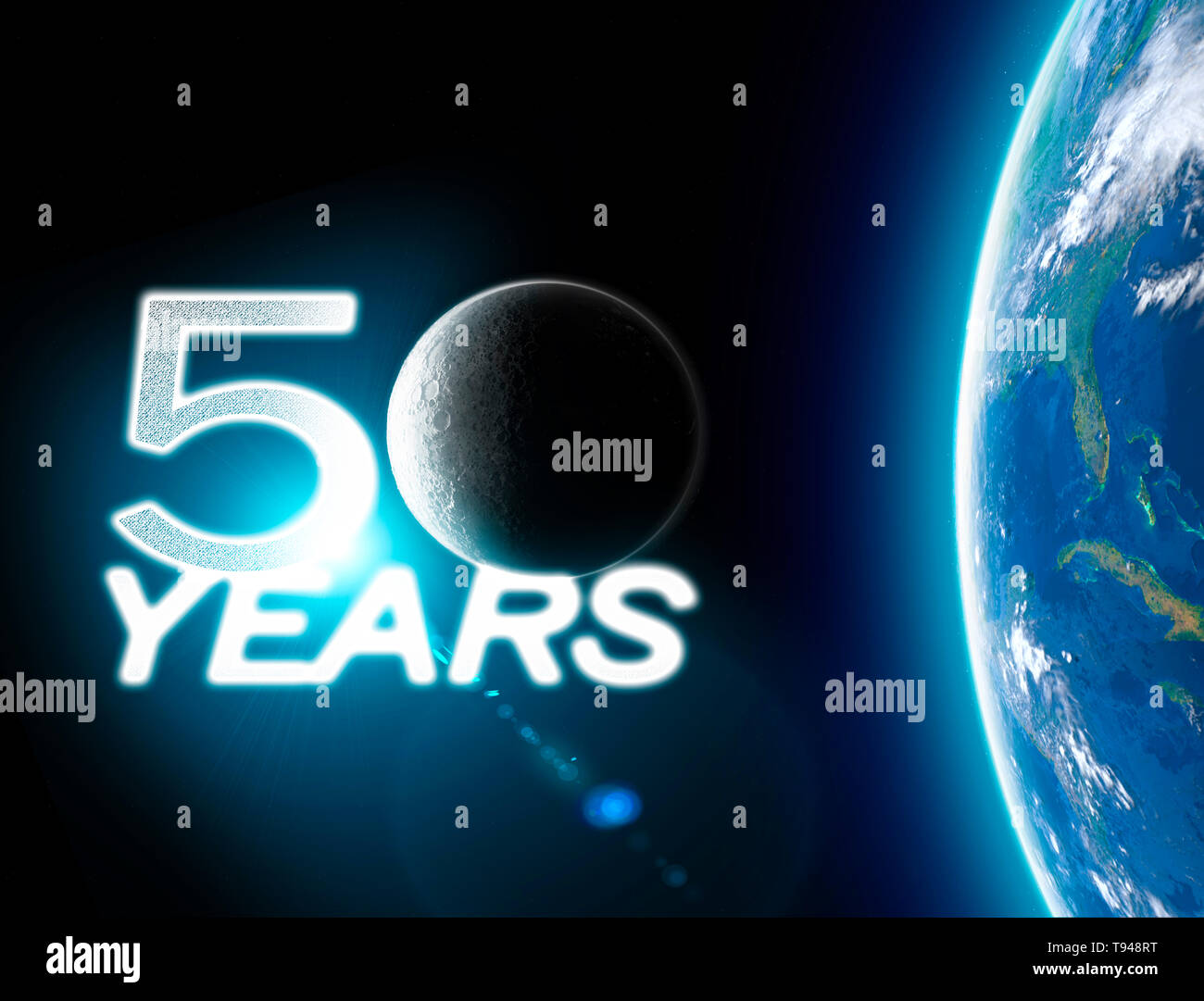 Luna e la Terra vista dallo spazio. La superficie lunare e la massa in background. La luna vista dalla terra. Cinquantesimo anniversario dell'atterraggio lunare Foto Stock