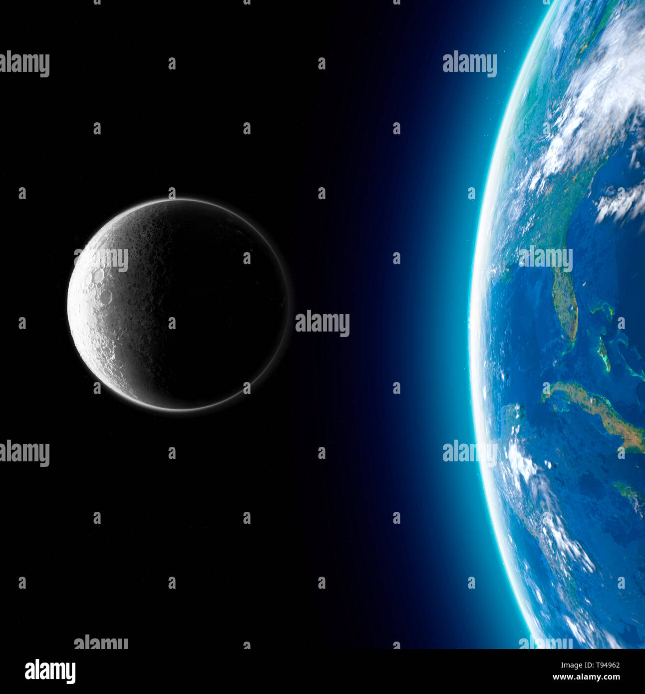 Luna e la Terra vista dallo spazio. La superficie lunare e la massa in background. La luna vista dalla terra. Cinquantesimo anniversario dell'atterraggio lunare Foto Stock