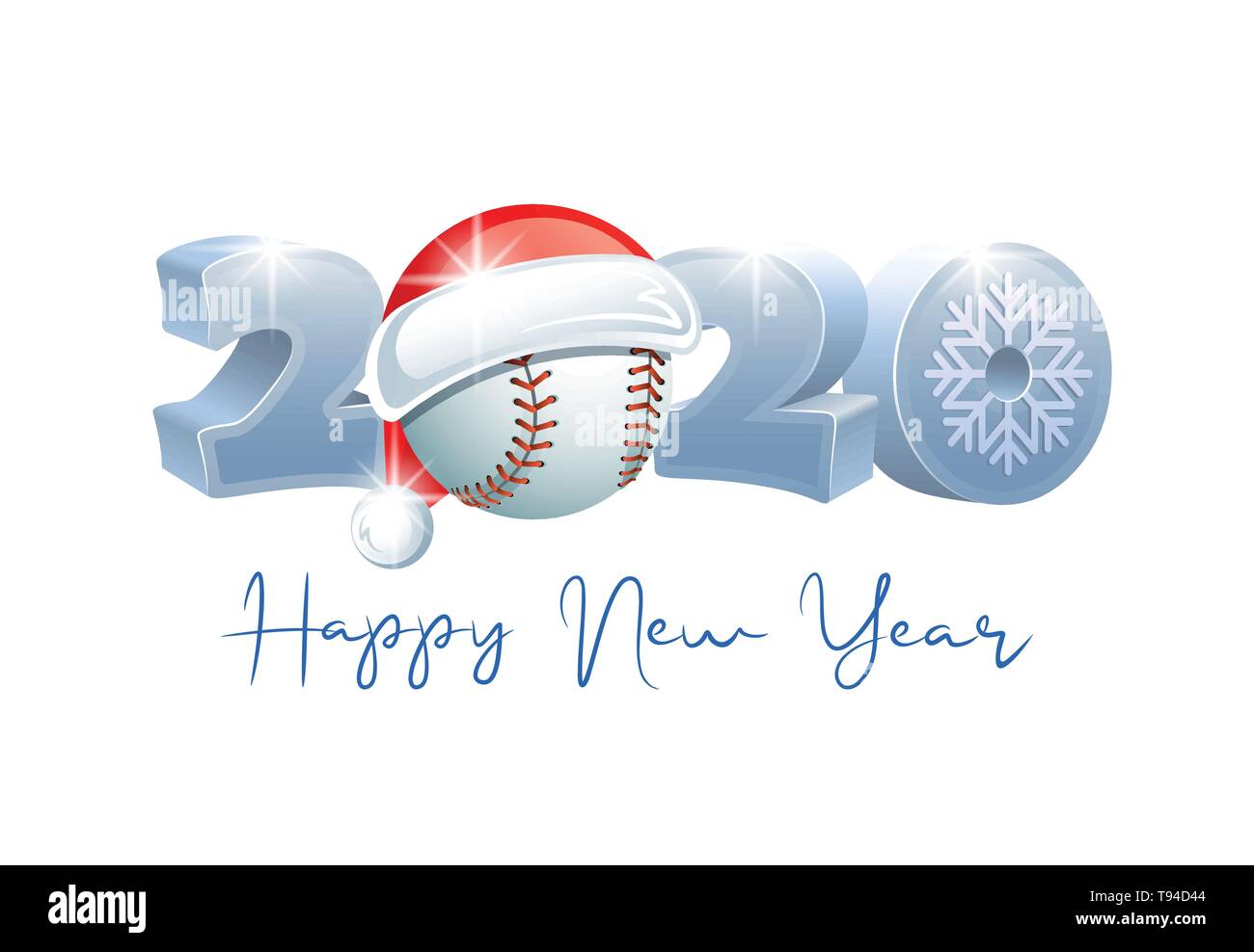 2020. Felice Anno Nuovo! Sport biglietto di auguri con palla da baseball e Santa Claus hat. Illustrazione Vettoriale. Illustrazione Vettoriale
