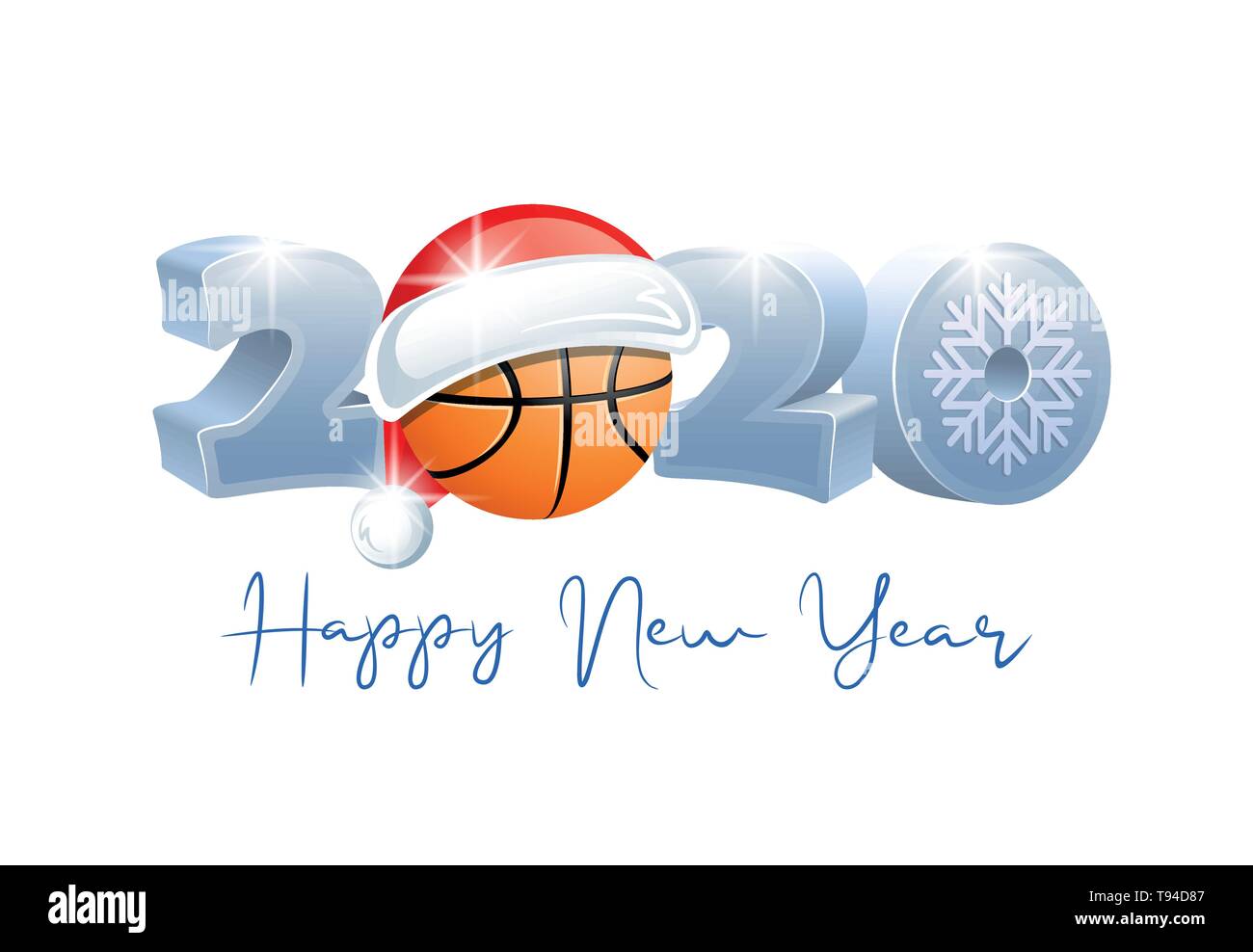 2020. Felice Anno Nuovo! Sport biglietto di auguri con basket ball e Santa Claus hat. Illustrazione Vettoriale. Illustrazione Vettoriale