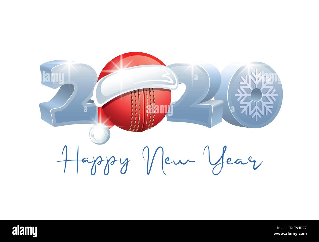 2020. Felice Anno Nuovo! Sport biglietto di auguri con sfera di Cricket e Santa Claus hat. Illustrazione Vettoriale. Illustrazione Vettoriale