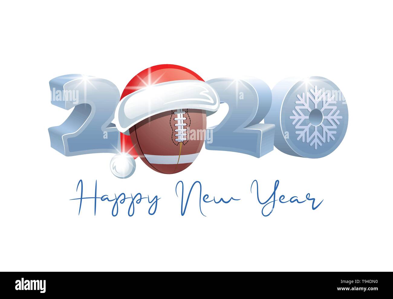 2020. Felice Anno Nuovo! Sport biglietto di auguri con il football americano palla e Santa Claus hat. Illustrazione Vettoriale. Illustrazione Vettoriale