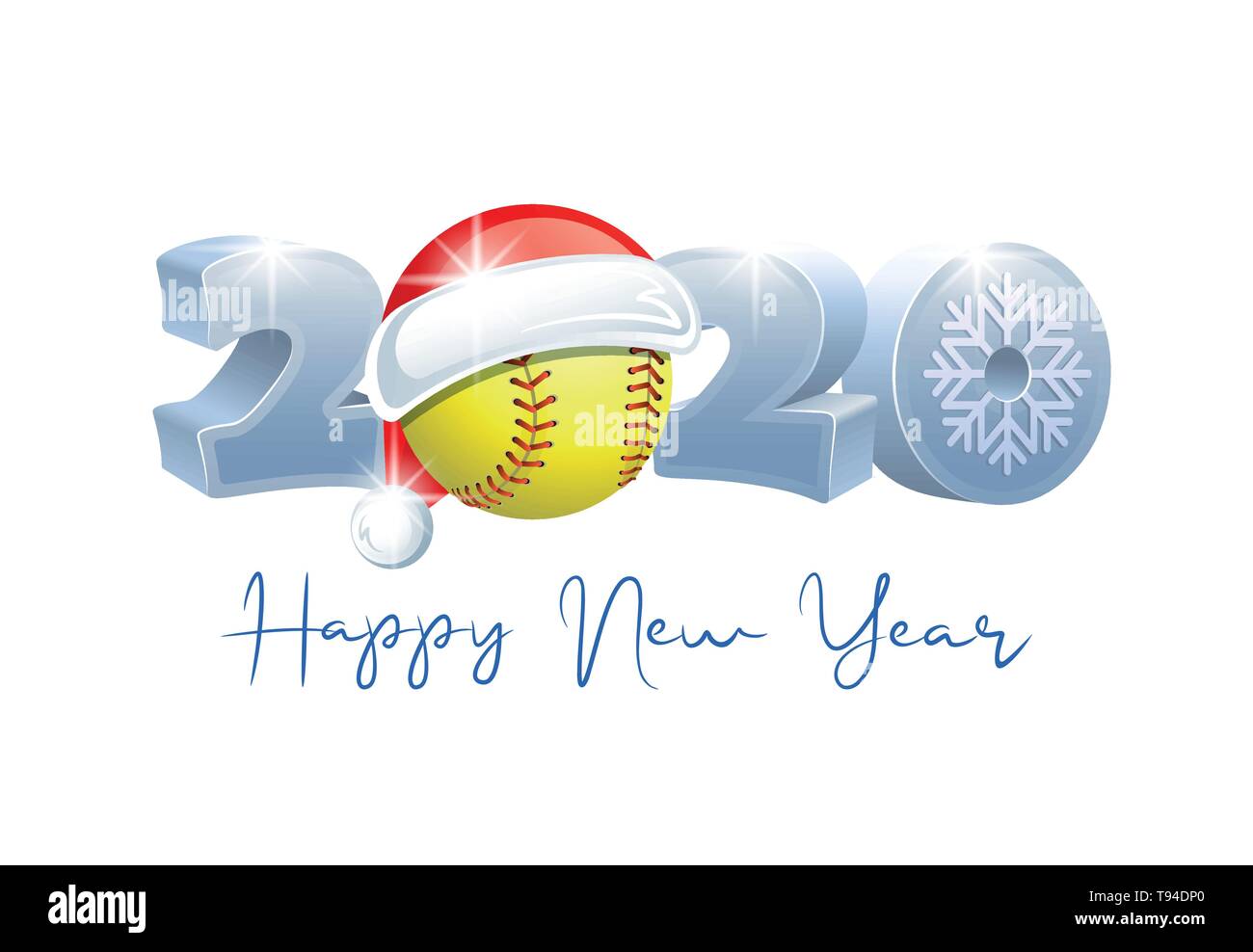 2020. Felice Anno Nuovo! Sport biglietto di auguri con sfera di softball e Santa Claus hat. Illustrazione Vettoriale. Illustrazione Vettoriale