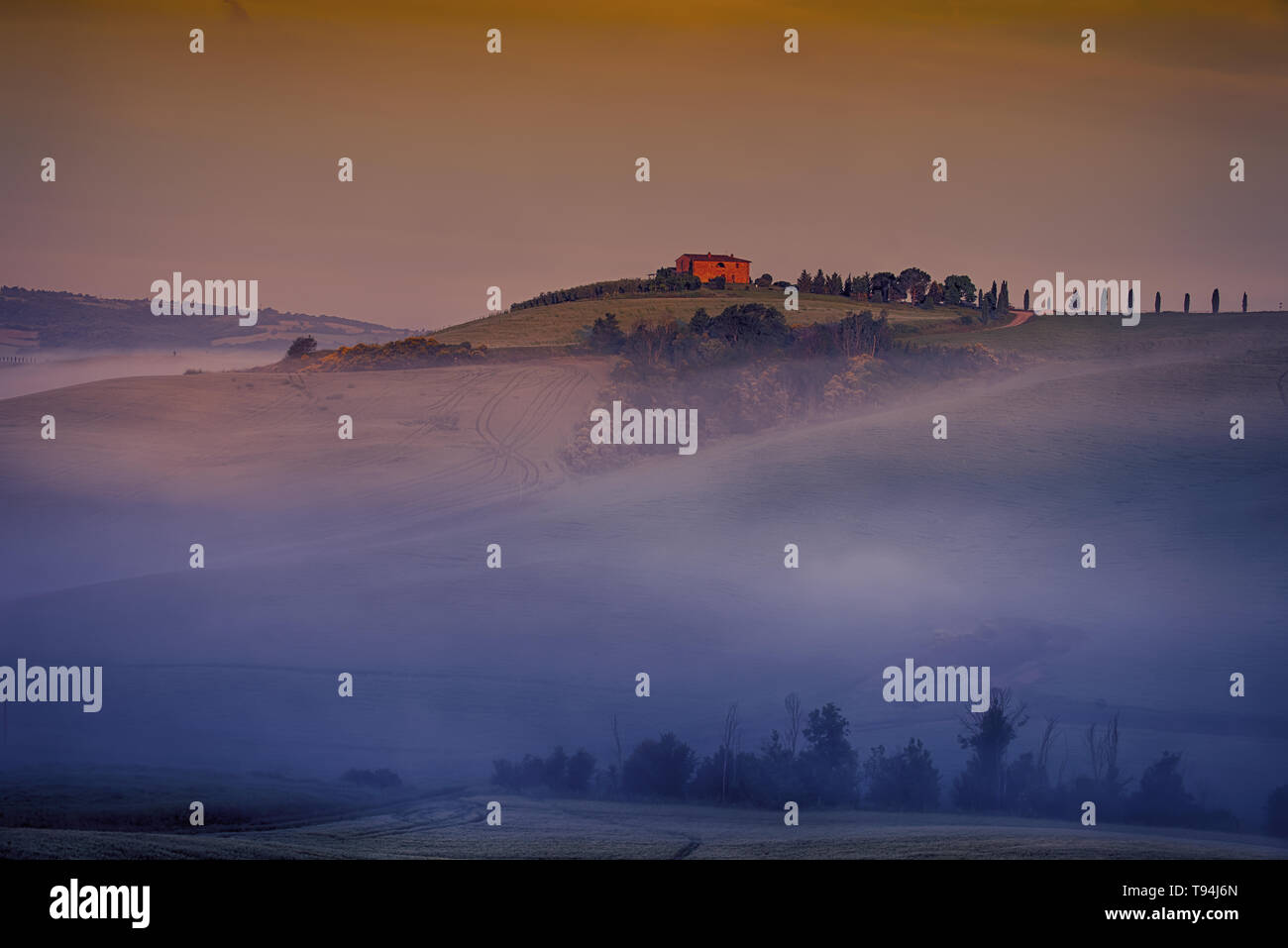 Una mistosa passeggiata mattutina intorno alle dolci colline di Pienza in Toscana. Adoro la nebbia e si mette su un velo dà al paesaggio una sensazione misteriosa. Foto Stock