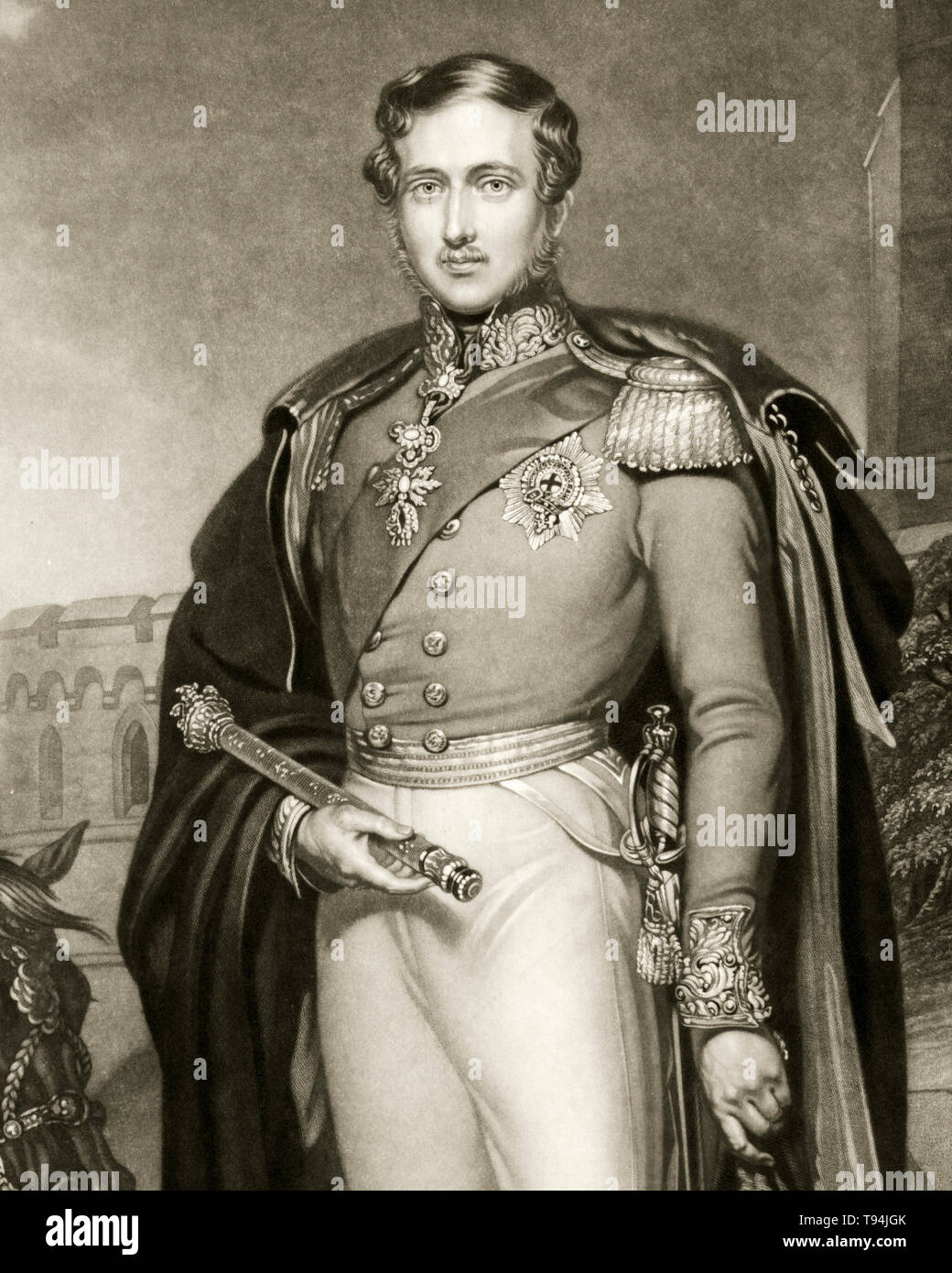 Prince Albert, ritratto incisione, tenendo lo scettro e hat, uniforme militare, 1847 Foto Stock