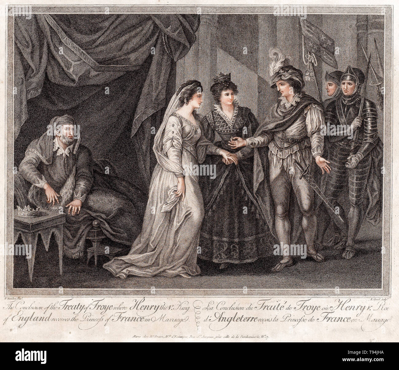 La conclusione del trattato di Troyes, Enrico V, re d'Inghilterra, riceve l'introduzione di Caterina di Valois in matrimonio,1788 Foto Stock