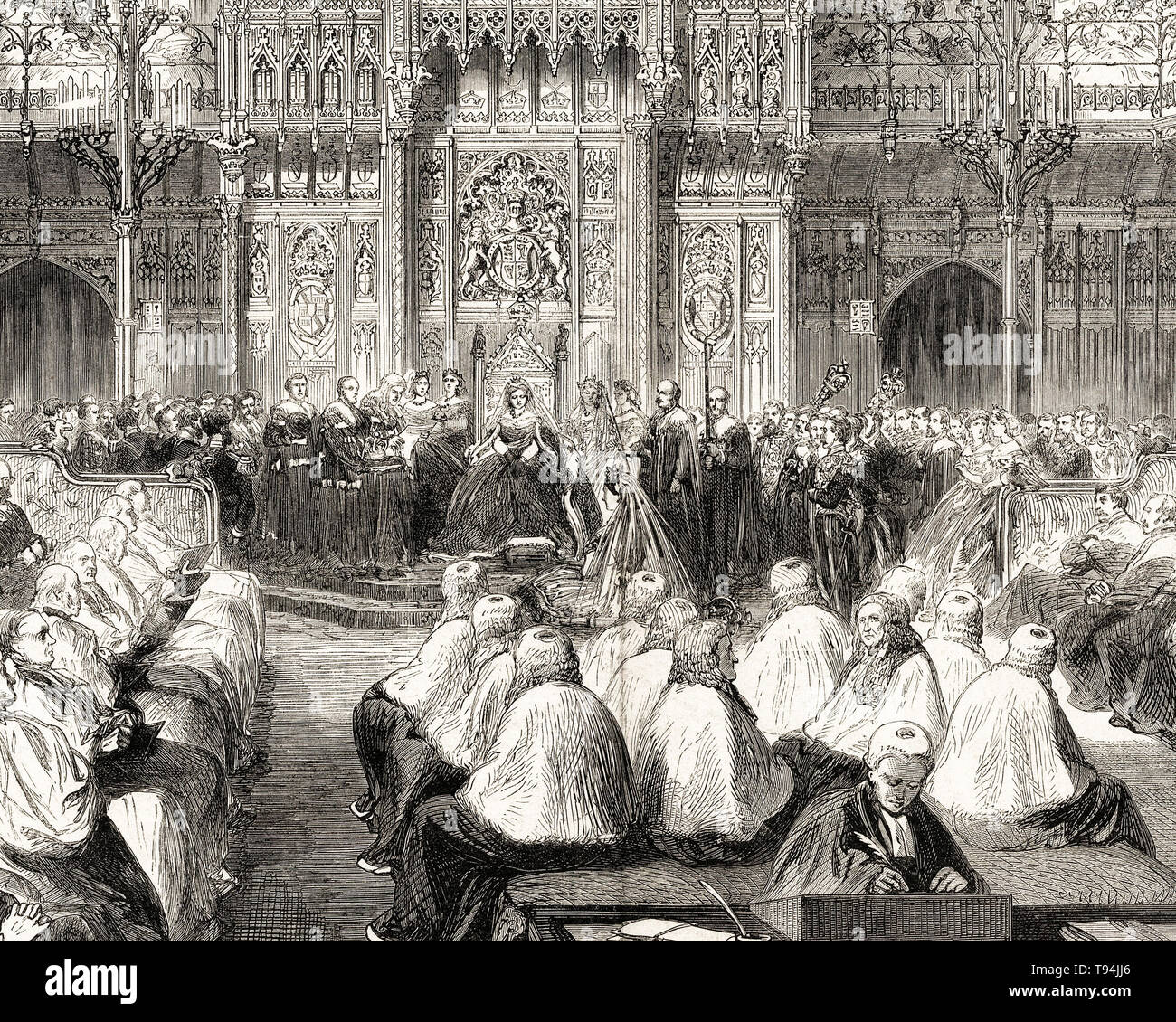 La regina Victoria, apertura della condizione del Parlamento, House of Lords, Martedì, 6 febbraio 1866 (dettaglio), incisione di Mason Jackson, 1866 Foto Stock