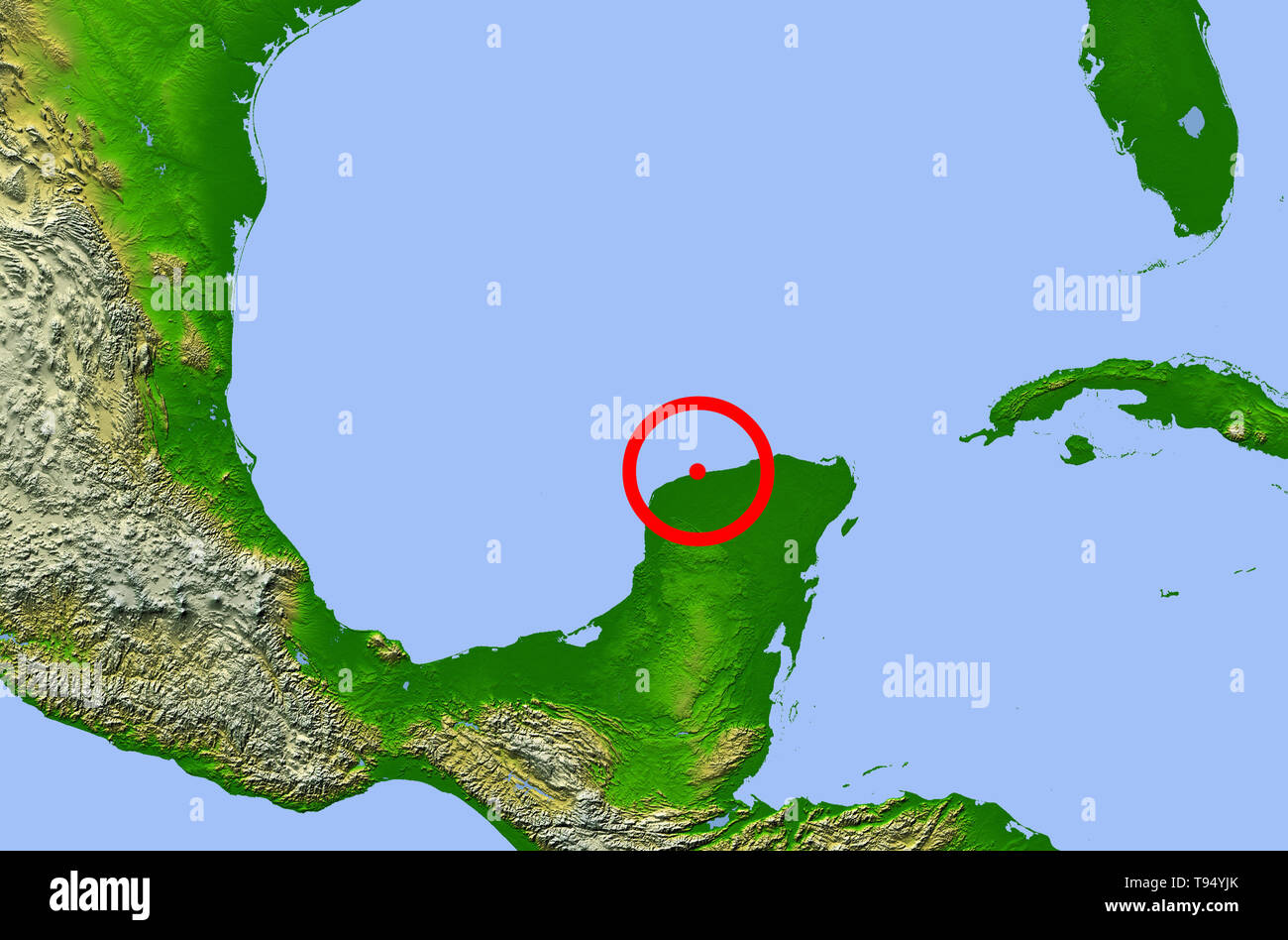 Il cratere Chicxulub. Mappa che mostra la posizione del Chicxulub cratere da impatto (centro) sulla penisola dello Yucatan, Messico. Questo impatto può avere causato l'estinzione dei dinosauri e di 70% di terra tutte le specie di 65 milioni di anni fa. I quattro punti rossi rappresentano le città di (da sinistra a destra): Città del Messico, Tempico (dove il materiale espulso dal cratere è stato trovato), avana e Miami. Foto Stock