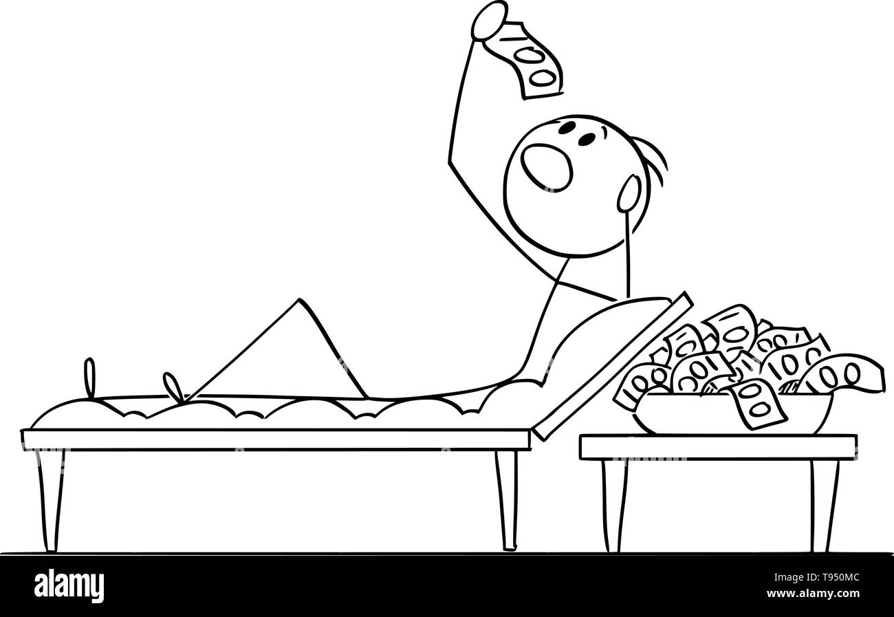 Vector cartoon stick figura disegno illustrazione concettuale del facoltoso imprenditore o sdraiato sul lettino in epoca romana o stile lucullan e mangiare le banconote o denaro contante. Illustrazione Vettoriale