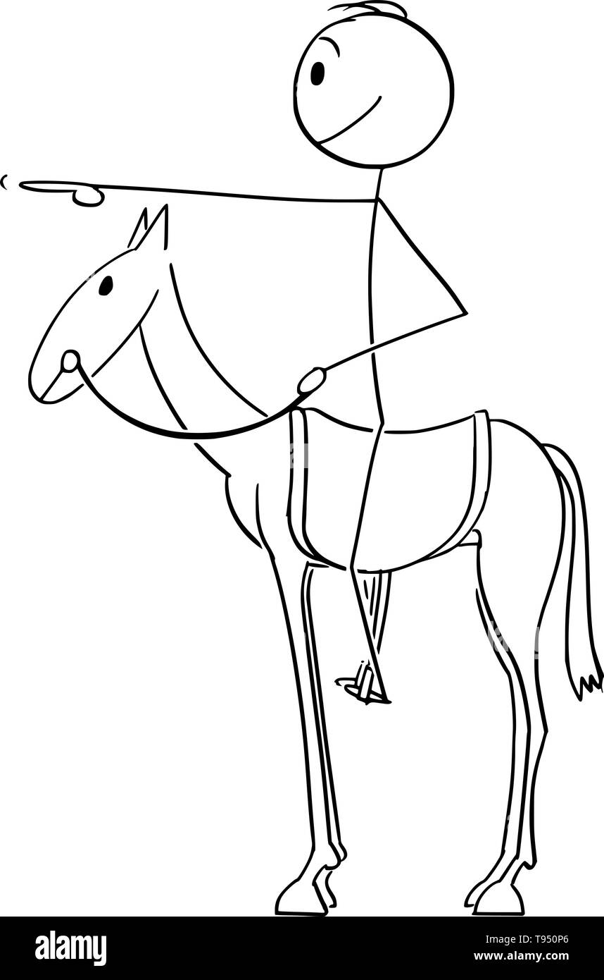Vector cartoon stick figura disegno illustrazione concettuale dell'uomo o imprenditore equitazione o seduto sul cavallo in sella e rivolto in avanti con il dito o la mano. Illustrazione Vettoriale