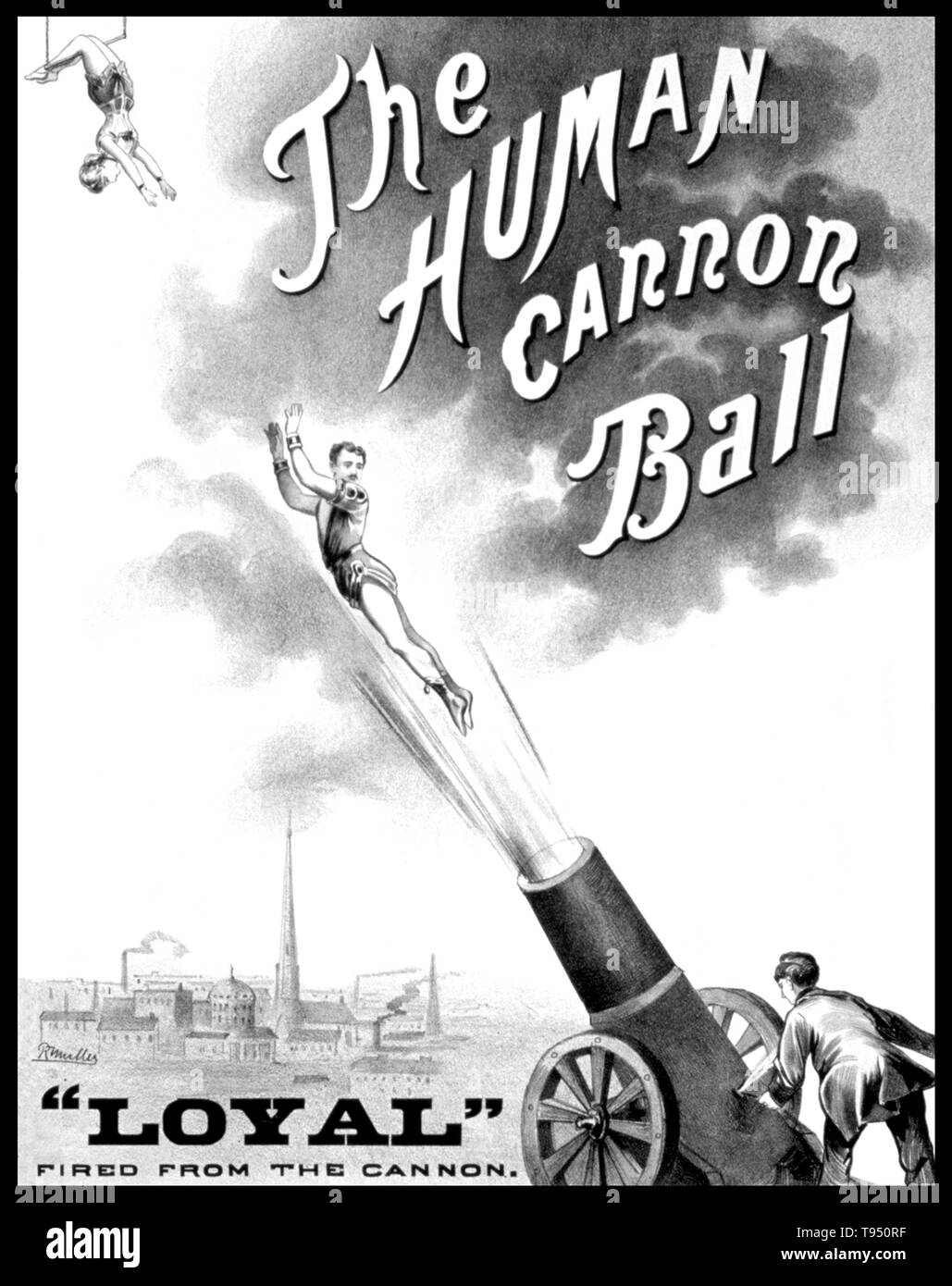 Nel 1871, William Leonard Hunt (il grande Farini) hanno sviluppato un meccanismo ha chiamato "un proiettore.' fatta di pesanti molle e gomma indiano, era semplicemente una piattaforma con le molle. Sembrava niente come un cannone; ma quando rilasciato, esso ha sparato la persona in avanti, impiegando una polvere da sparo a base di solo di esplosione per effetto. Egli ha richiesto e ricevuto un brevetto per il suo aggeggio il 13 giugno 1871. Foto Stock