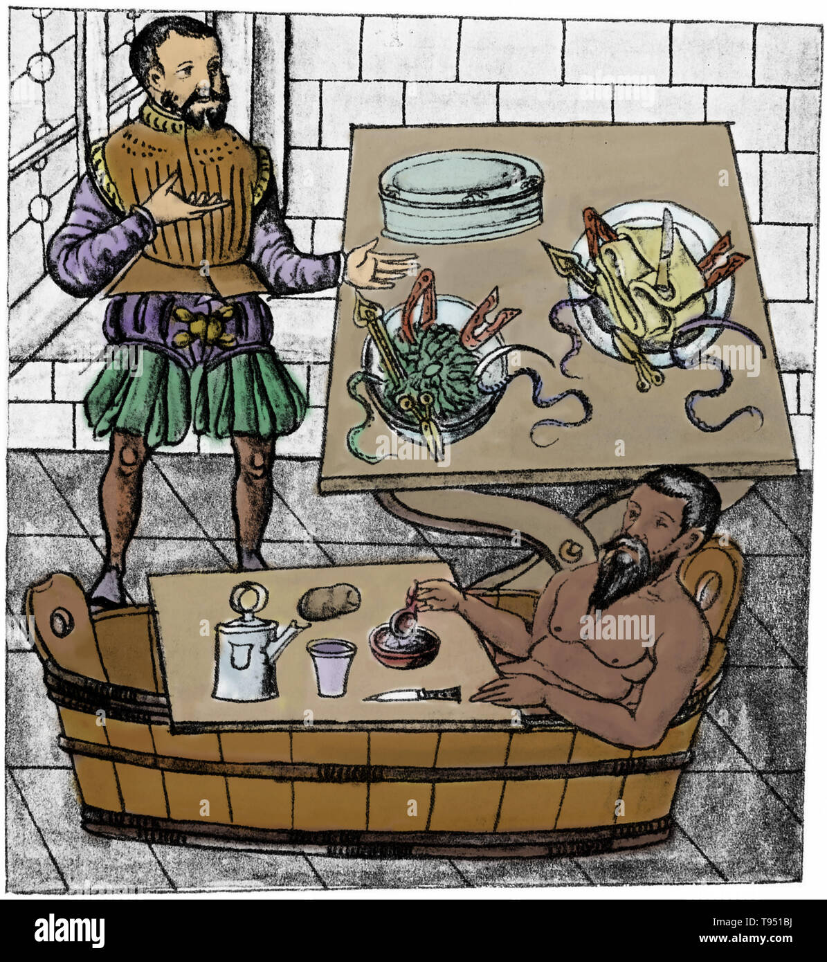 Un pre-operazione di scena, con un chirurgo in piedi da una tabella riempita con strumenti chirurgici. Il paziente sta avendo un 'ospedale' pasto seduti in una vasca, 1559. Caspar Stromayr. Foto Stock