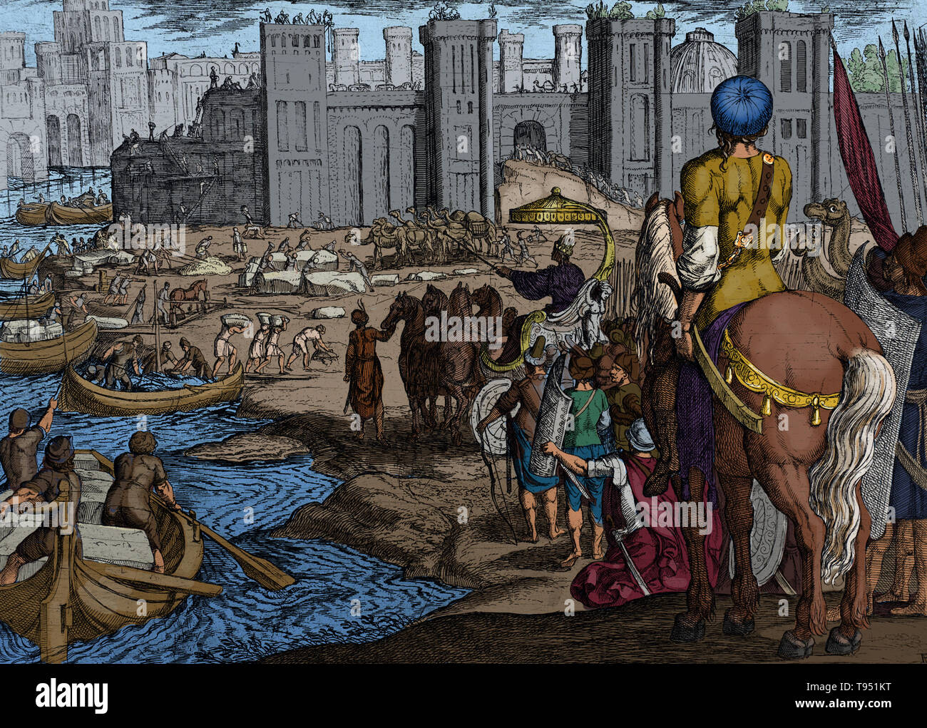 Attacco delle mura di Babilonia dalla serie: le sette meraviglie del mondo (piastra 4) da Antonio Tempesta (1555-1630) Italia, pubblicato in 1610. Giardini pensili di Babilonia erano considerati una delle sette meraviglie del mondo antico e il solo una delle meraviglie che può essere stato puramente leggendario. Essi sono stati presumibilmente costruito nell'antica Babilonia. Foto Stock