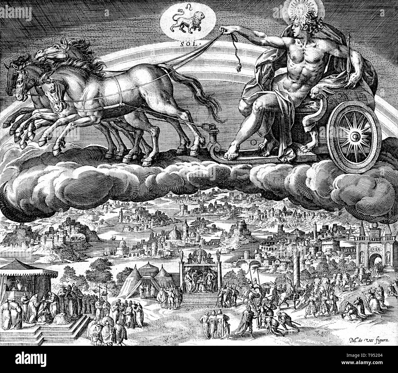 Sol nel suo carro, equitazione attraverso i cieli. Sol era la divinità solare nella antica religione romana. Essa è stata a lungo il pensiero che Roma aveva in realtà due diversi e consecutivi di sole divinità. Il primo, Sol Indiges, è stato pensato per essere stata insignificante, scomparire in un periodo in anticipo. Solo nel tardo impero romano, gli studiosi hanno sostenuto, ha culto solare ri-apparire con l'arrivo a Roma del Siro Sol Invictus, forse sotto la influenza della Mithraic misteri. Foto Stock