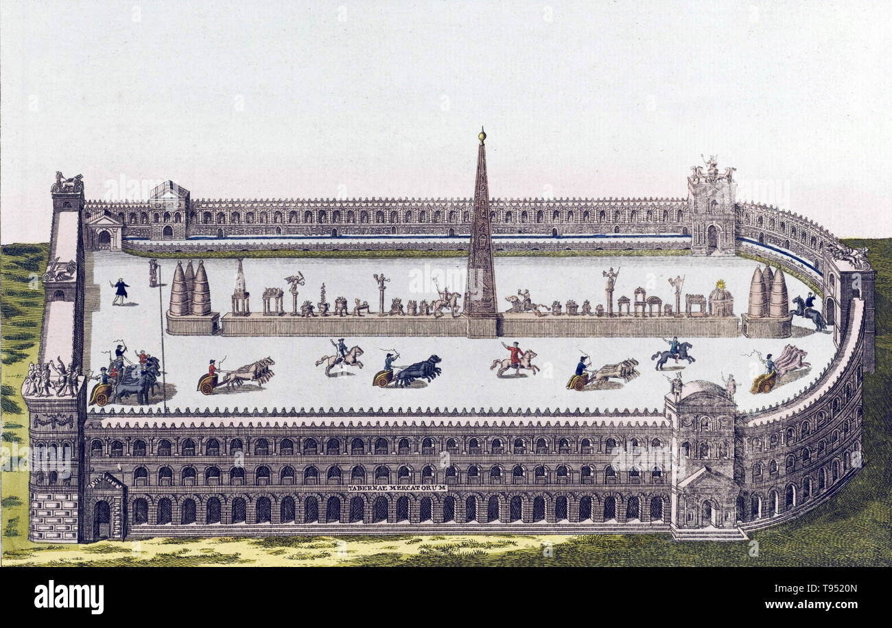 Il Circo Massimo fu un antico romano chariot racing Stadium e di intrattenimento di massa della sede si trova a Roma, in Italia. È stato il primo e il più grande stadio di Roma antica e la sua successiva Impero, la misura 2,037 ft lungo e 387 ft ampia, in grado di accogliere oltre 150.000 spettatori. Una estremità della pista è stato più aperto rispetto agli altri, come questo è stato in cui i carri sono schierate per iniziare la gara. Foto Stock