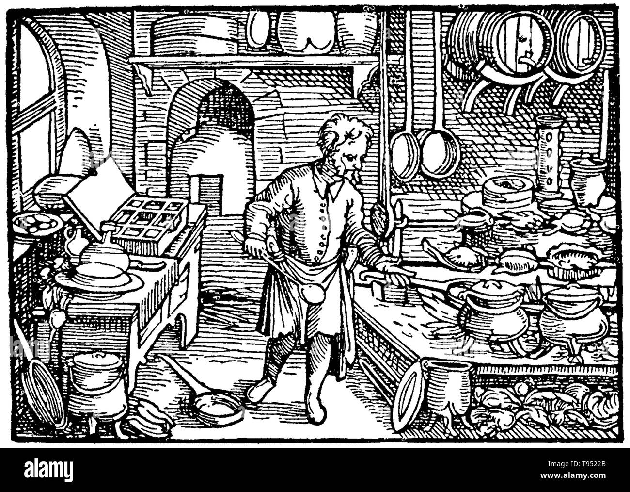 Nella maggior parte delle famiglie medievali, la cottura è stata eseguita su un focolare aperto nel centro della principale area soggiorno, a fare un uso efficiente del calore. Questo è stato il più comune dispositivo anche in famiglie benestanti, dove la cucina è stato combinato con la sala da pranzo. Verso la fine del Medioevo una cucina separata area iniziarono ad evolversi. Foto Stock