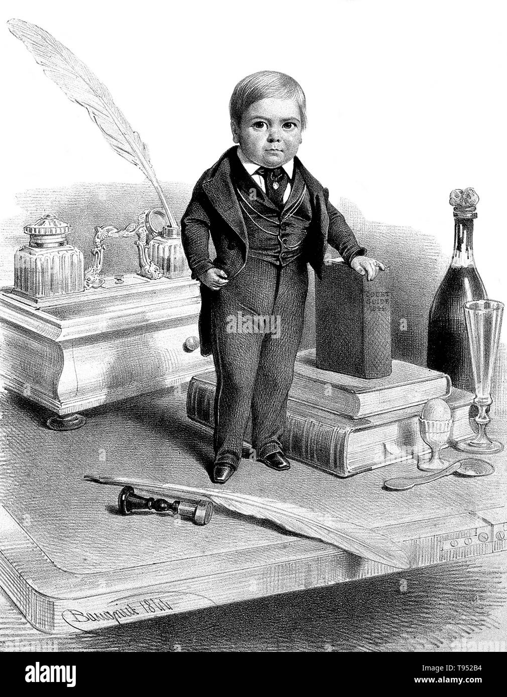 Stratton, età 12. Charles Sherwood Stratton (Gennaio 4, 1838 - Luglio 15, 1883), "Generale Tom Thumb', era un American dwarf attore. P.T. Barnum, un parente lontano (metà quinto cugino, due volte rimossa), ha sentito parlare di Stratton e dopo il contatto con i suoi genitori, ha insegnato il ragazzo come cantare, ballare, MIME e impersonare persone famose. Barnum ha preso giovani Stratton su un tour dell'Europa, facendo di lui una celebrità internazionali. Foto Stock